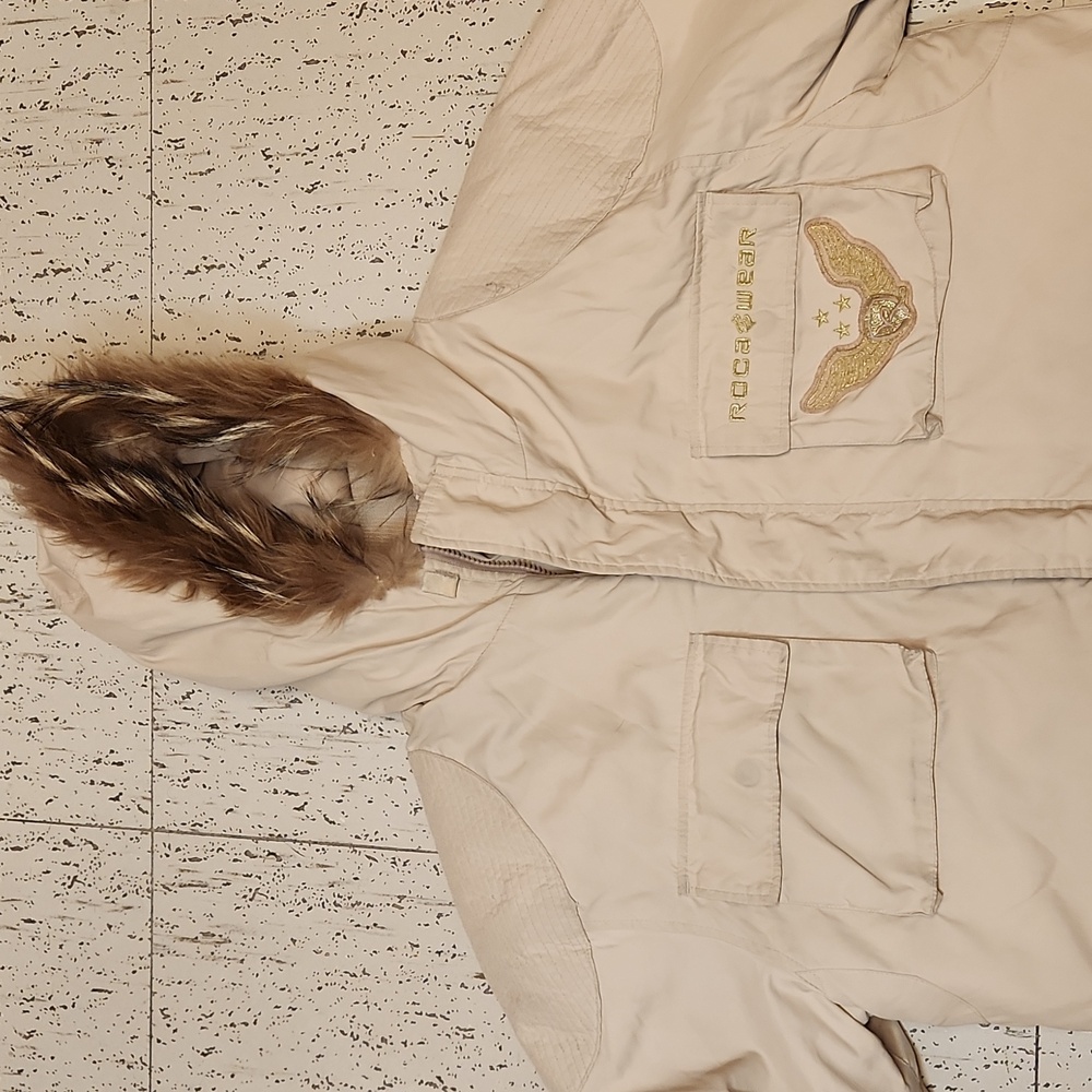 Rocawear Cream Full Zip Spellout Winter Racoon Fur Hooded Jacket Vintage - Picture 5 of 16